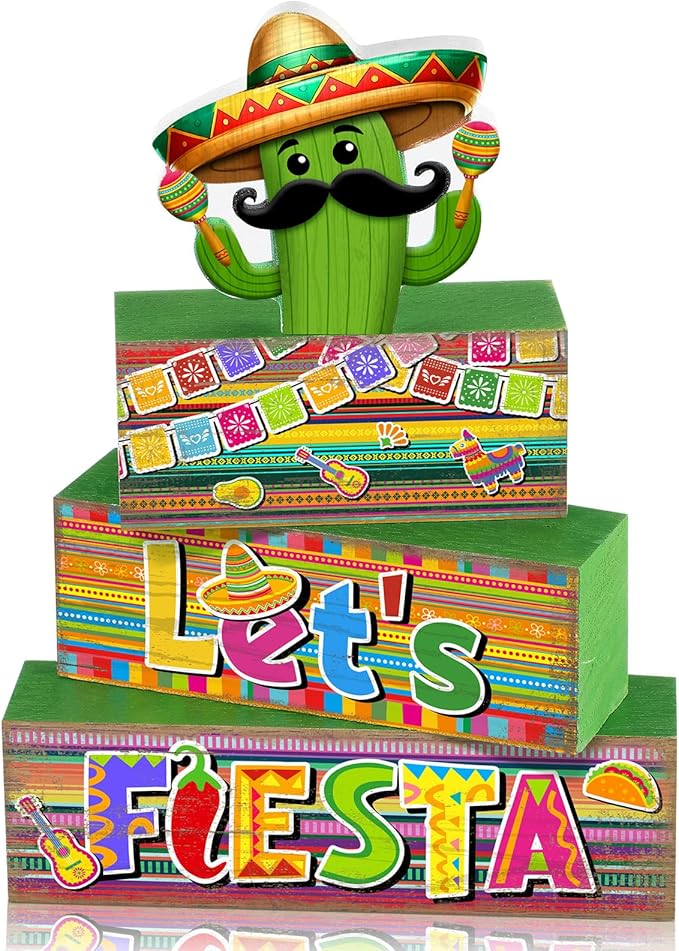Yuntau 4 Pcs Mexican Fiesta Party Decorations Wooden Cinco De Mayo Tabletop Decor Lets Fiesta Tiered Tray Decor Rustic Wood Block Sign Gift Farmhouse Mexican Centerpieces Portable Shelf Home Office