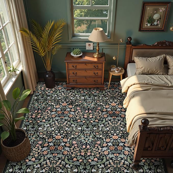 Moynesa Floral Washable Rugs 9x12, Soft Living Room Area Rugs 9x12 Large Boho Bedroom Rug, Non Slip Ultra Thin Soft Botanical Floor Carpet for Dining Room Home Office Farmhouse, Black