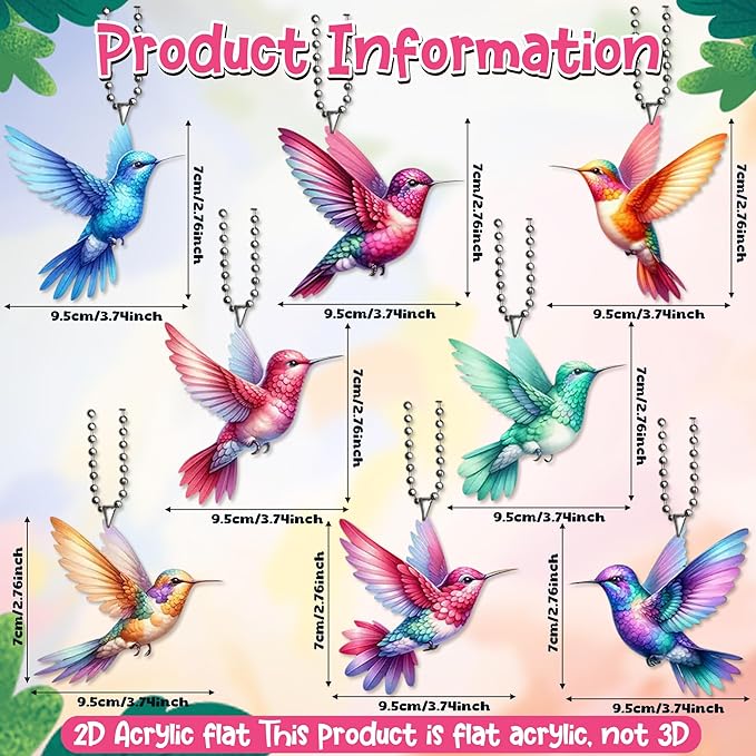 2D Bird Acrylic Hanging Ornament - 8Pcs Flying Birds Christmas Tree Ornaments, Xmas Tree Ceiling Pendants with Lanyard Rearview Mirror Window Charms Gift for Men Women (Hummingbird 1)