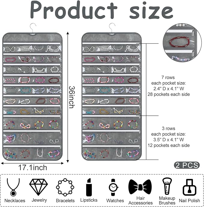 2 Pack Zippered Pocket Hanging Jewelry Organizer Dual-Sided Zipper Jewelry Holder Hanging Storage Organizer for Holding Earrings Bracelets Rings, Each with 80 Zippered Pockets