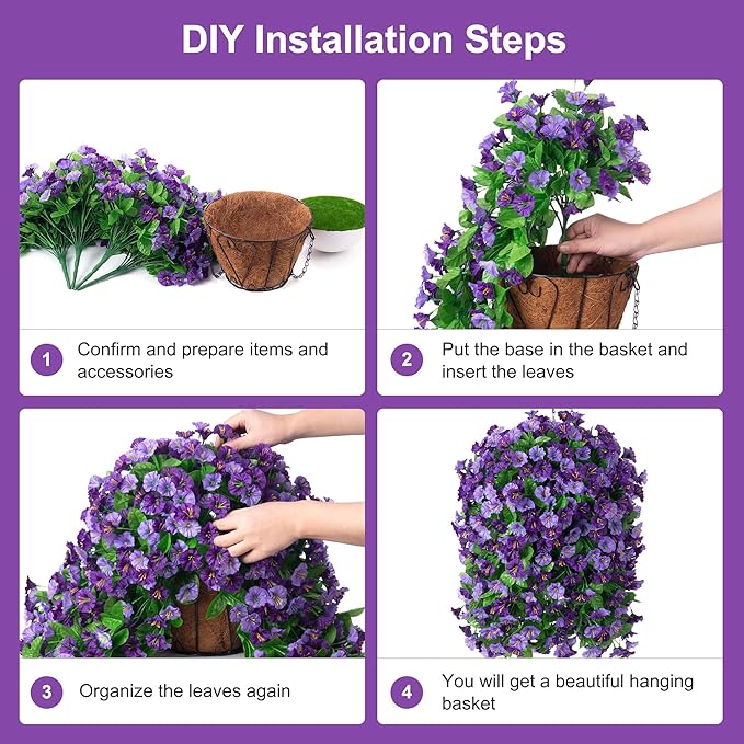 Artificial Flowers with Hanging Basket, Outdoor Faux Plants Silk Morning Glory Vines, Fake Green Arrangement for Garden Patio Spring Summer Decor(Purple)