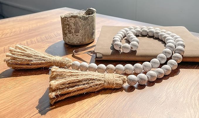 Meplait 39in Wood Bead Garland Farmhouse with Tassels,Versatile Prayer Beads Boho Chic Wall Hanging Home Decor (Wash White)