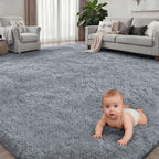 Fluffy Area Rugs 9x12 Living Room Bedroom: Ultra Soft Shag Rug Upgrade Non-Slip Non-Shedding Large Fuzzy Plush Carpet Indoor Floor Carpets for Kids Room Playroom Nursery Dorms Home Decor Light Gray
