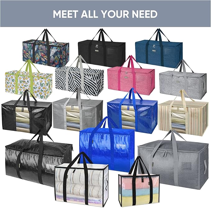BALEINE 8-Pack Oversized Moving Bags with Reinforced Handles, Heavy-Duty Storage Tote Moving Supplies for Packaging, Camping (Gray w/Window, 8-Pack)