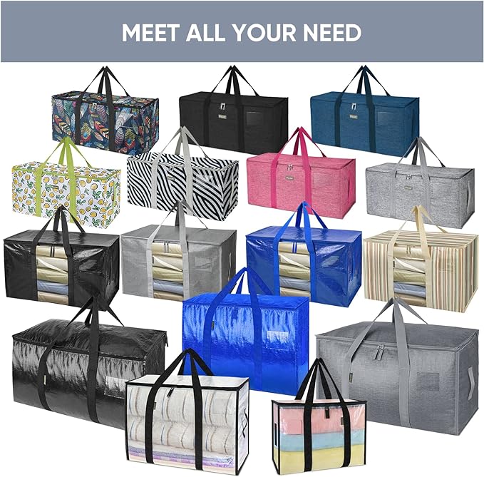 TICONN 4 Pack Extra Large Moving Bags Heavy Duty with Zippers & Carrying Handles, Durable Storage Bags Moving Boxes for Closet Organizers and Storage (4 Pack, Blue)