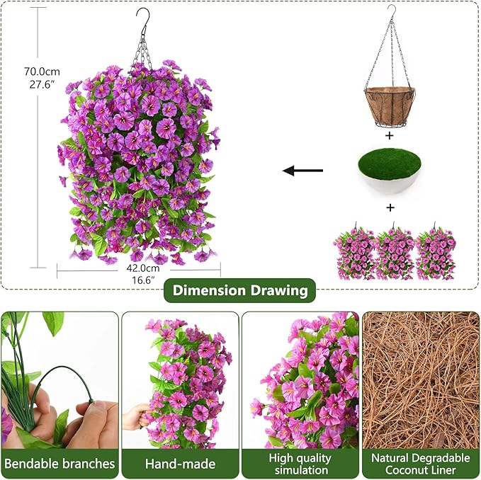 Artificial Faux Hanging Flowers Plants Baskets for Outdoor Spring Summer Decorations,Resistant Fake Morning Glory Silk Plants for Outside UV Resistant Patio Yard Home Porch Decor(Gradient)