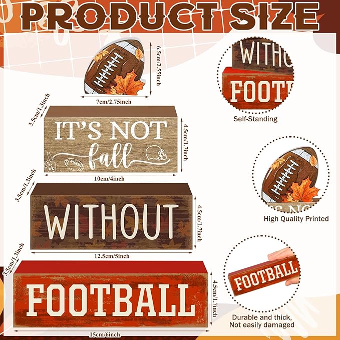 Yuntau 4 Pcs Football Fall Table Decorations Football Tiered Tray Decor Rustic Autumn Wooden Blocks Sign It's Not Fall Without Centerpiece Decorative Faux Book Sign for Room Coffee Table Mantel Shelf