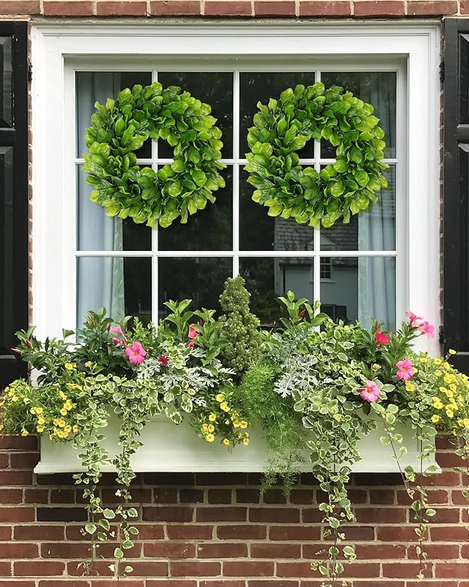 DDHS 11 Inch Small Boxwood Wreath for Front Doors, 2 Packs Artificial Mini Green Wreath Weatherproof, Spring Summer Indoor Outdoor Wreaths for Wall Window Table Wedding Home Decor Party Farmhouse