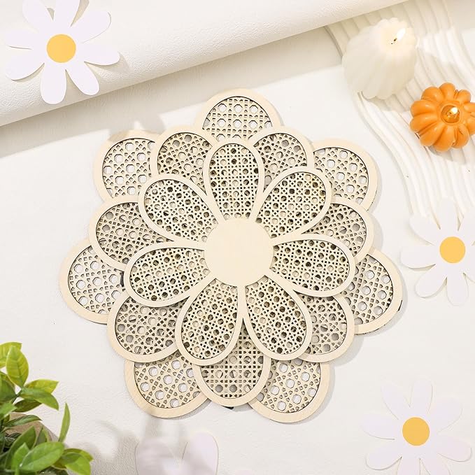 Thyle 6 Pcs Boho Daisy Wall Decor Natural Rattan Flower Wall Hanging Art Wooden Boho Art Nursery Decor Daisy Signs Flowers Farmhouse Hanging Decoration for Home Office Nursery