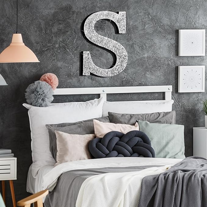 Qunclay 12'' Silver Crystal Diamond Bling Letters Crushed Diamond Decoration Wooden Glitter Letter with Screw and Hooks Rhinestone Gift for Wedding Y2k Mcbling Bedroom Wall Decor (Letter S)