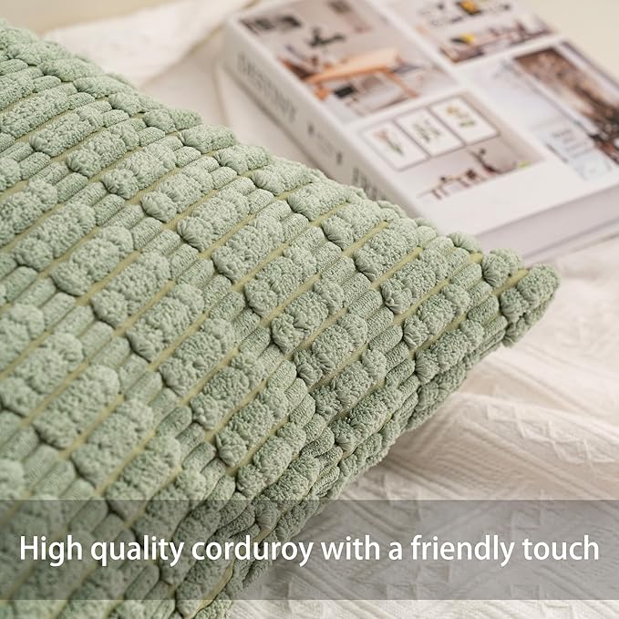 Aegero Pack of 2 Christmas Green Corduroy Decorative Throw Pillow Covers 12x20 Inch Soft Striped Pillow Covers Modern Farmhouse Home Decor for Sofa Living Room Couch Bed（Blackish Green）
