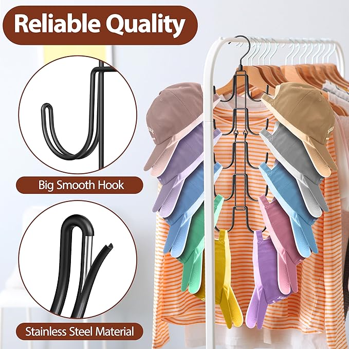Hat Hangers for Closet, Collapsible Hat Organizer with 10-Hook, Stainless Steel Hat Holder, 360° Rotating Hat Storage Rack for Baseball Caps