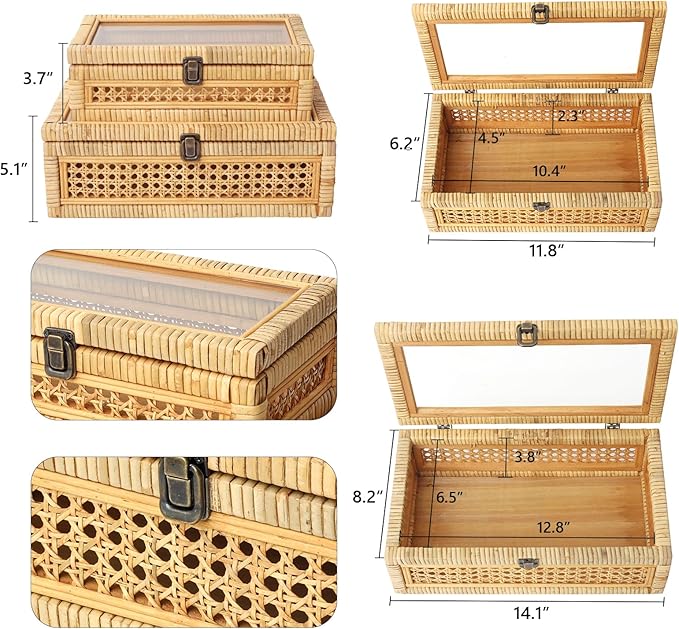 DECOR4SEASON Rattan and Cane Stacking Boxes with Glass Top Lid - Set of 2 for Boho, and Rustic Farmhouse Decor