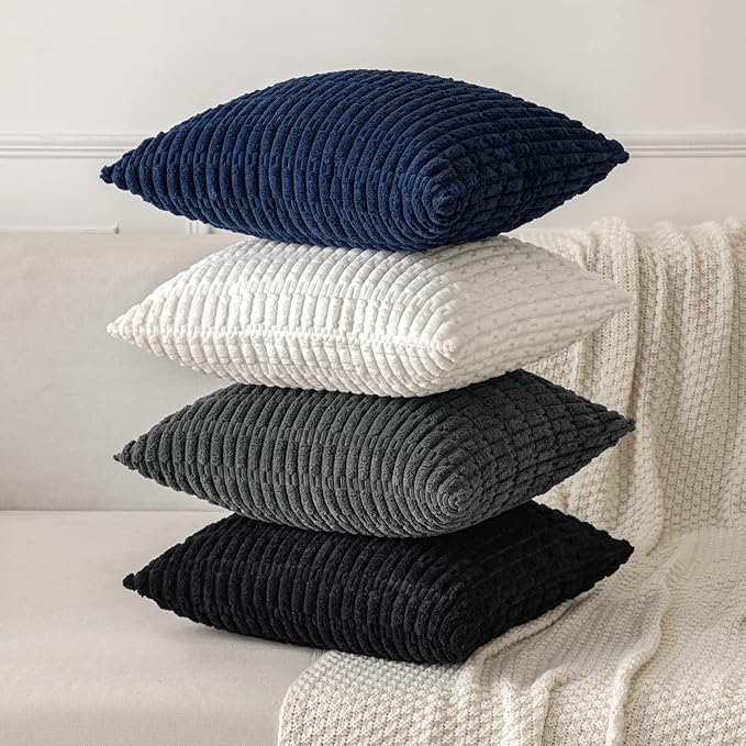 MIULEE Pack of 2 Corduroy Decorative Throw Pillow Covers 18x18 Inch Soft Boho Striped Pillow Covers Modern Farmhouse Home Decor for Summer Coastal Sofa Living Room Couch Bed Dark Blue