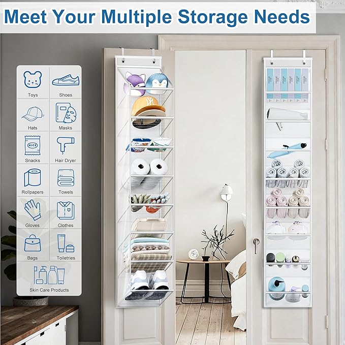 SLEEPING LAMB Narrow Over the Door Shoe Organizer for Closet, 2 Packs Shoe Racks for Door with Mesh & Deep Pockets, Hanging Sneakers Holder to Storage Boots, White