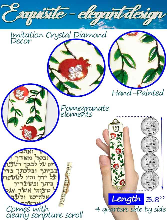 Exquisite Enamel Design Mezuzah with Scroll, Easy Install Use Double-Sided Tape, Pomegranate Theme Mezuzah for Door with Crystal Diamond Accent for Any Memorable Jewish Occasions, 3.8”