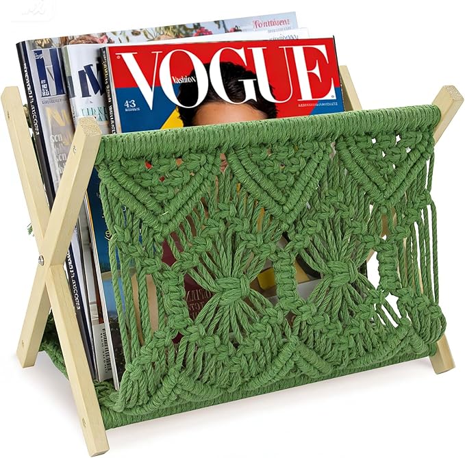 Boho Macrame Magazine Holder,Hand-Woven Magazine Rack for Home Office Desktop, Storage Basket for Letters, Magazines, Books and Newspapers (Green)