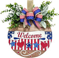 12" Patriotic Wreath Wooden Welcome Sign for Front Door, 4th of July & Memorial Day Decorations, USA 250th Anniversary Decor with Red Blue Stars Bow & Artificial Flowers for Outdoor Porch Patio Fence