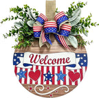 12" Patriotic Wreath Wooden Welcome Sign for Front Door, 4th of July & Memorial Day Decorations, USA 250th Anniversary Decor with Red Blue Stars Bow & Artificial Flowers for Outdoor Porch Patio Fence