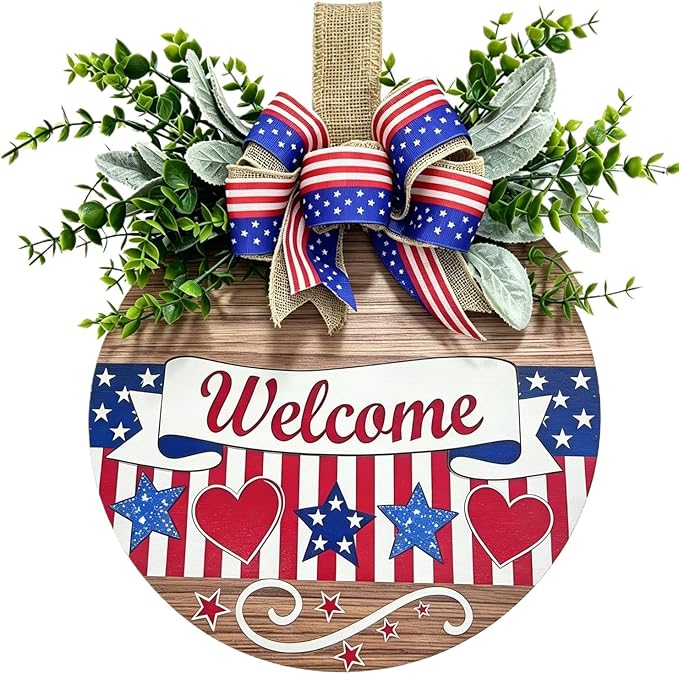 12" Patriotic Wreath Wooden Welcome Sign for Front Door, 4th of July & Memorial Day Decorations, USA 250th Anniversary Decor with Red Blue Stars Bow & Artificial Flowers for Outdoor Porch Patio Fence