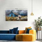 AIYISU Farmhouse Cow Wall Art Rustic Barn Landscape Pictures Wall Decor Blue Barn Wildflower Field Canvas Prints Country Farm Animal Artwork for Living Room Dining Room Bedroom Home Decoration 24x48