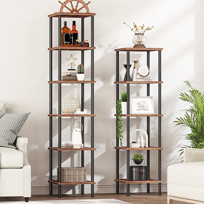 HOOBRO 6-Tier Corner Shelf, Corner Square Rack Display Shelf, Tall Storage Rack Plant Stand, Bookcase for Small Spaces, Living Room, Home Office, Kitchen, Rustic Brown and Black BF55CJ01