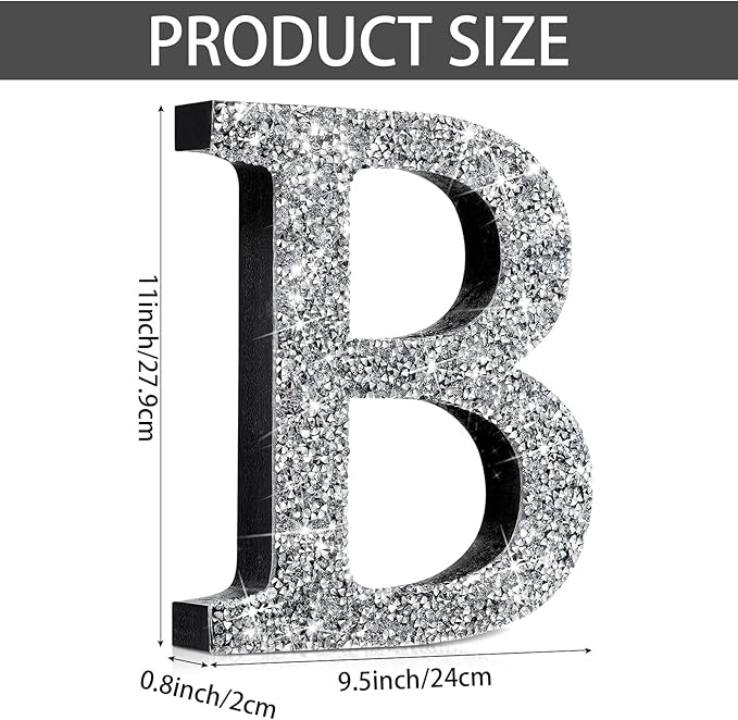 Qunclay 12'' Silver Crystal Diamond Bling Letters Crushed Diamond Decoration Wooden Glitter Letter with Screw and Hooks Rhinestone Gift for Wedding Y2k Mcbling Bedroom Wall Decor (Letter B)