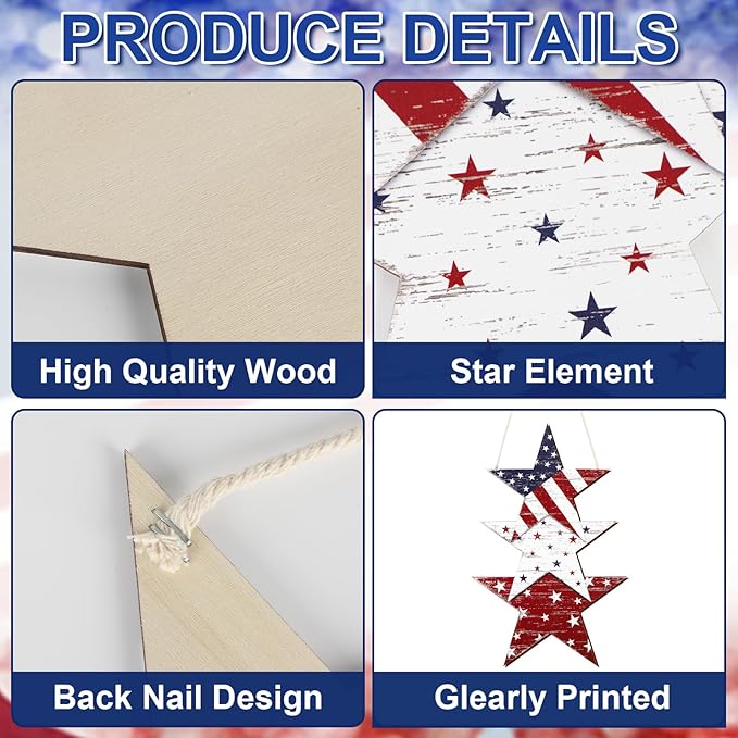 4th of July Decorations Wooden Welcome Sign, Wooden American Flag Star Wreath, Outdoor Wall Hanging for Front Porch, Memorial Day Home Decor (Retro)