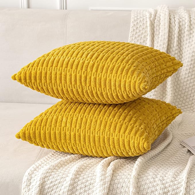 MIULEE Pack of 2 Corduroy Decorative Throw Pillow Covers 20x20 Inch Soft Boho Striped Pillow Covers Modern Farmhouse Home Decor for Summer Sofa Living Room Couch Bed Mustard Yellow