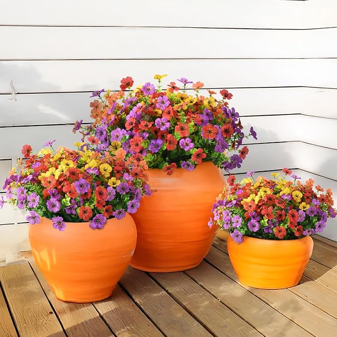 INQCMY Artificial Flowers for Outdoors Faux Plants Outdoor Fake Flowers Spring Decoration,12 Bundles Faux Silk Colorful Daisy Realistic UV Resistant for Outside Home Planter Window Porch Patio Yard