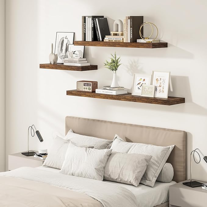 Vivelove 12" Deep Floating Shelves Over Toilet, 24" Wall Shelves for Bathroom Bedroom Kitchen Living Room Laundry Room, Farmhouse Rustic Shelves for Home Decor, 24" X 12" X 2" Set of 2, Rustic Brown