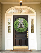 32'' Boxwood Wreath Artificial Spring Summer Wreath All Year Round, Foldable Faux Large Boxwood Wreaths for Front Door Farmhouse Wedding Indoor Outdoor(with Bow)