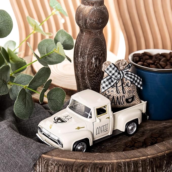 Huray Rayho Coffee Decor for Coffee Bar Metal Truck with Coffee Beans Burlap Sack Vintage Pickup Farmhouse Coffee Station Tabletop Tiered Tray Decor Mini Diecast Truck Decorations