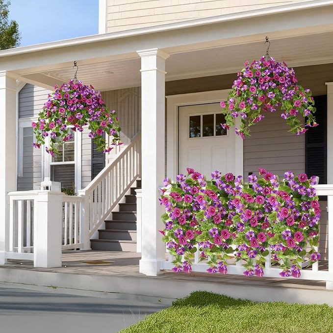 Homsunny Artificial Hanging Fake Flowers with Basket Plants for Outdoor Spring and Summer Decoration, Faux Silk Flower UV Resistant Morning Glory for Home Porch Patio Garden Balcony Yard Look Real