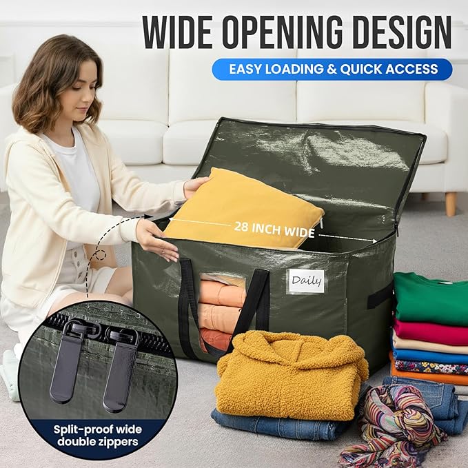 TAILI 4 Pack Green Extra Large Storage Bags, Heavy Duty Totes with Visible Window, Wrap Around Handles, Perfect for Moving