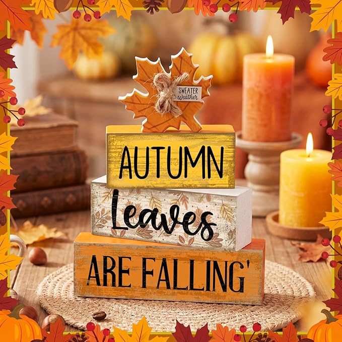Lineshading 4 Pcs Fall Decoration for Home Wooden Maple Leaf Thanksgiving Table Centerpiece Rustic Thanksgiving Tiered Tray Decor Decorative Autumn Leaves Block Sign Farmhouse Autumn Decor for Kitchen