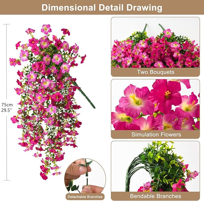 Artificial Hanging Flowers Plants for Outdoor Spring Summer Decoration, 2PCS Faux Silk Morning glory UV Resistant Look Real for Outside Home Indoor Planter Porch Garden Yard Decor(Purple Red Pink)