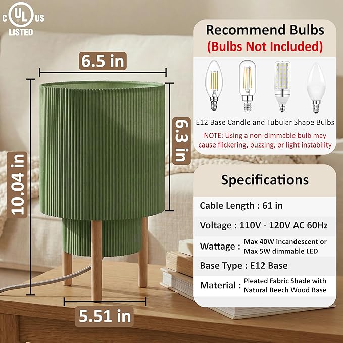 Buruis 2-Tier Table Lamp with Pleated Fabric Shade, Natural Rubber Wood Stand, UL Listed, 10'' Elegant Retro Mid-Century Bedside Lamp for Bedroom, Living Room, Bookshelf, Bulb Not Included, Green