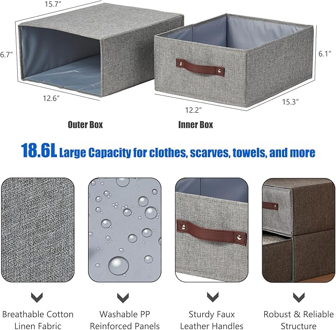 Closet Drawer Organizer Stackable Fabric Storage Boxes Bins Baskets with Lid PU Leather Handles Foldable Washable Cotton Linen Wardrobe Shelf Clothes Towels Container (Gray, Large)