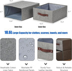 4PCS Closet Drawer Organizer Stackable Fabric Storage Boxes Bins Baskets with Lid PU Leather Handles Foldable Washable Cotton Linen Wardrobe Shelf Cloth Towels Container (Gray, Large)