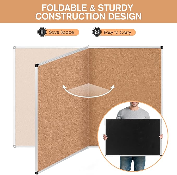 Extra Large Cork Bulletin Board 60" X 36", Foldable Notice Pin Board for Wall, Silver Aluminum Framed 5'x3' Corkboard, Wall Mounted Noticeboard with 36 Push Pins for School, Home & Office