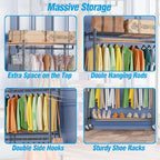 Homdox Rolling Garment Rack with Double Rod, Heavy Duty Clothing Rack with Shelves, Portable Clothes Rack, Free Standing Wardrobe Rack, with Lockable Wheels & Hanging Hooks, Max Load 450 LBS, Black