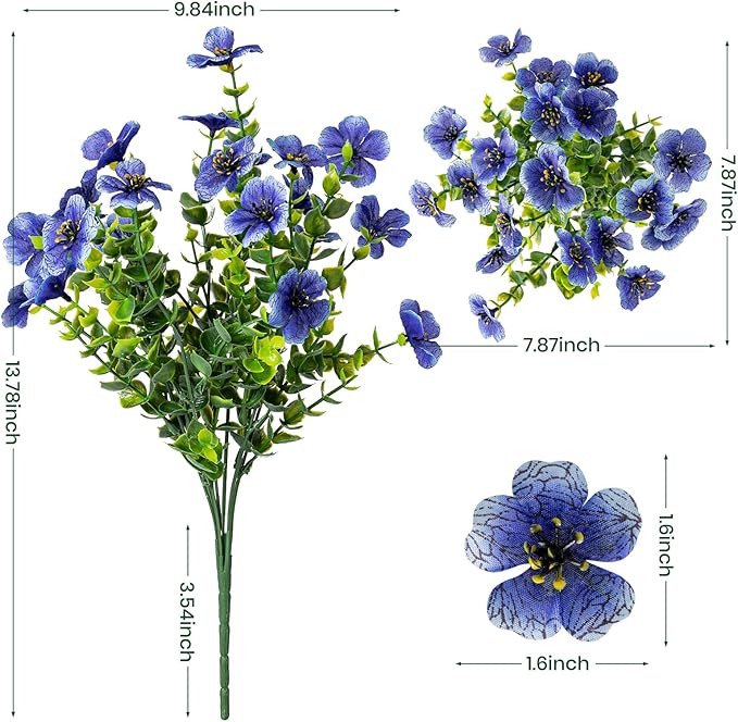 Lnoicy 20 Bundles Artificial Flowers for Outdoor Fake Plants for Spring Decoration,Faux Eucalyptus Flowers for Planter UV Resistant Lifelike for Home Porch Garden（Blue）