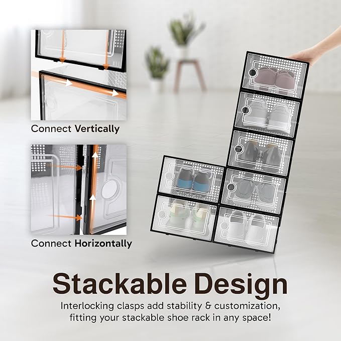 Reli. Shoe Boxes (7 Pack) | Clear Shoe Storage Boxes Stackable and Compact | Lightweight Plastic Storage Box with Ventilation Holes, Swing Door | Interlocking Containers, Stackable Rack | Black