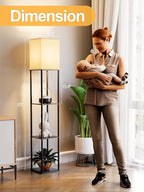 Floor Lamp with Shelves for Living Room, Shelf Floor Lamp with 3 CCT LED Bulb, Corner Display Standing Column Lamp Etagere Organizer Tower Nightstand with White Linen Shade for Bedroom, Office