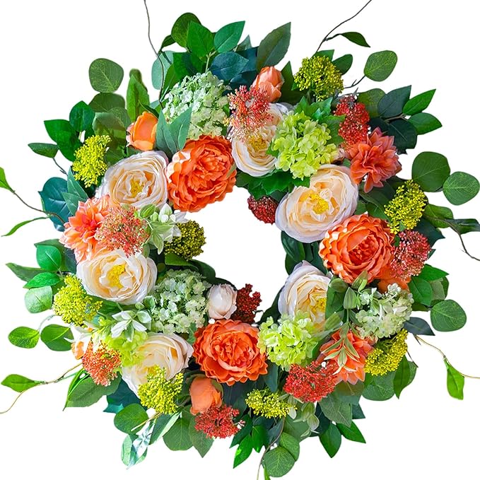 Spring Wreaths for Front Door Outside 24 Inch Luxury Summer Wreath with White Rose Flowers,Pink Dahlia & Green Hydrangeas,Lush Greenery Spring Front Door Wreath for Home,Wall,Porch Decor