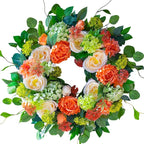 Spring Wreaths for Front Door Outside 24 Inch Luxury Summer Wreath with White Rose Flowers,Pink Dahlia & Green Hydrangeas,Lush Greenery Spring Front Door Wreath for Home,Wall,Porch Decor