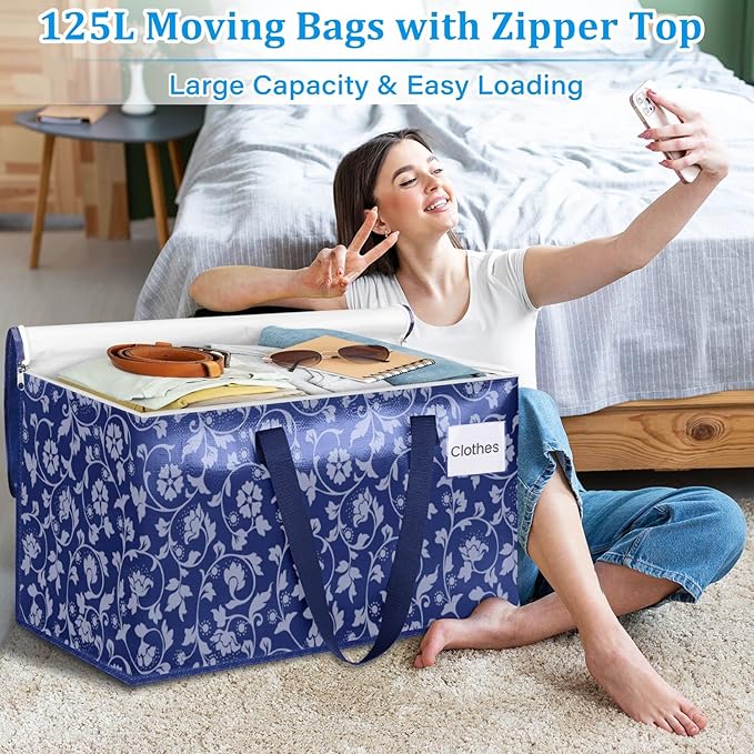 HomeHacks Moving Bags, Extra Large Size Moving Boxes, Heavy Duty Luggage Bags with Smooth Zipper and Sturdy Handles, Large Capacity & Easy Loading Storage Totes for Space Saver 125L, 8-Pack, Blue
