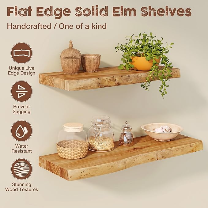fuqing Live Edge Floating Shelves for Wall 36 inch, 8 Inch Deep Solid Elm Wood Floating Wall Shelves - Rustic Wooden Shelves with Invisible Brackets for Living Room Bedroom Kitchen, 2 Pack, Natural