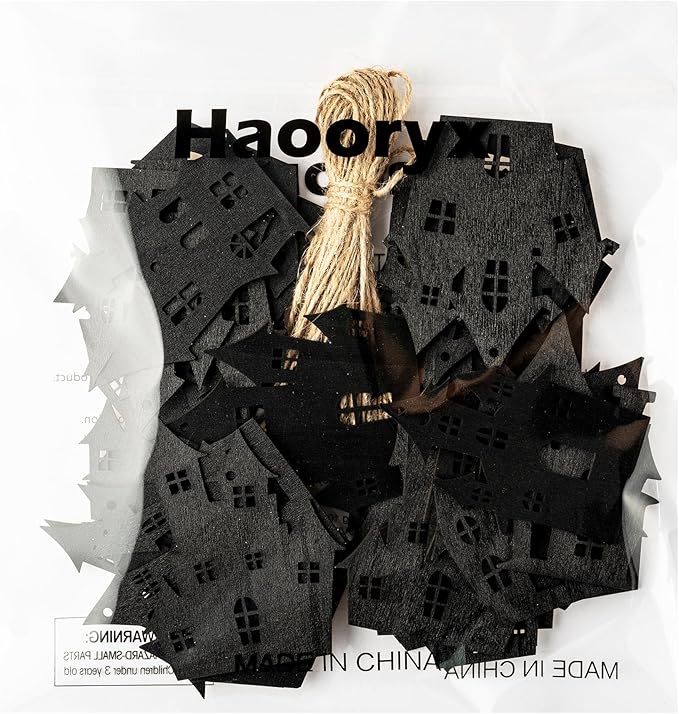 Haooryx Halloween Haunted House Wooden Ornaments - 36 Pcs Black Eerie Haunted House Themed Pendants Wood Craft Gift Tags Hanging Ornament with Ropes for Halloween Party Haunted House Decoration Supply